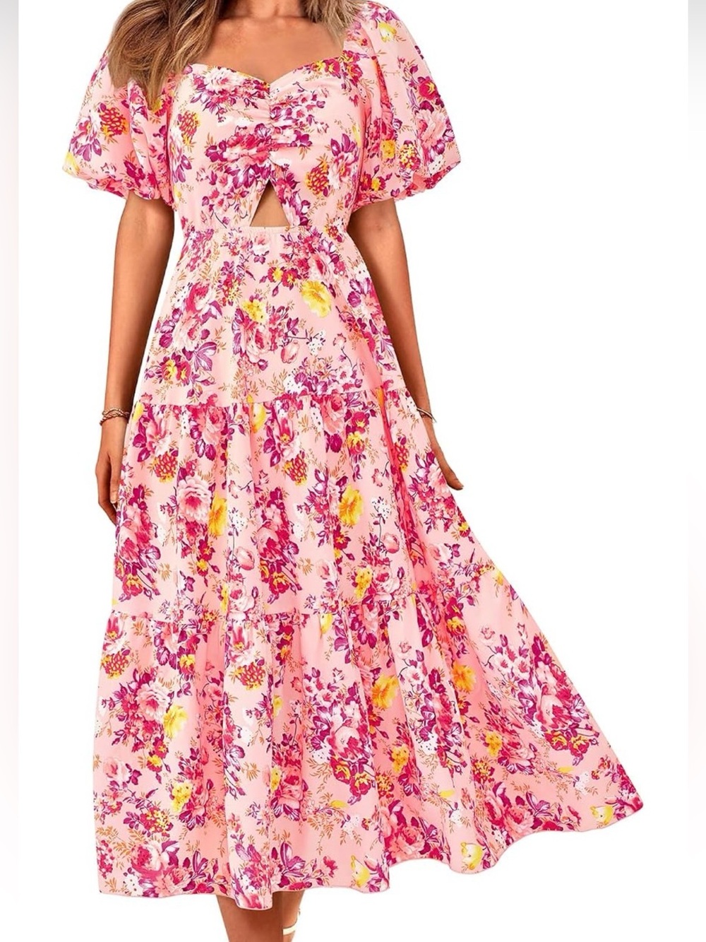 Pink Floral Midi Dress with Tie Front & Keyhole